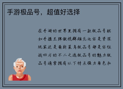 手游极品号，超值好选择