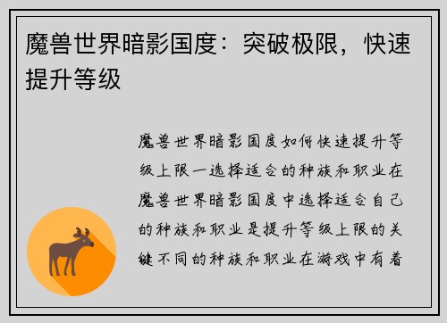 魔兽世界暗影国度：突破极限，快速提升等级